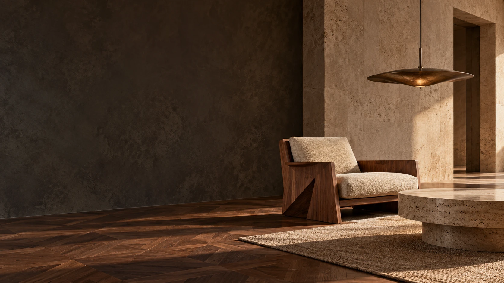 Conceptual atelier with furniture, lighting and material samples