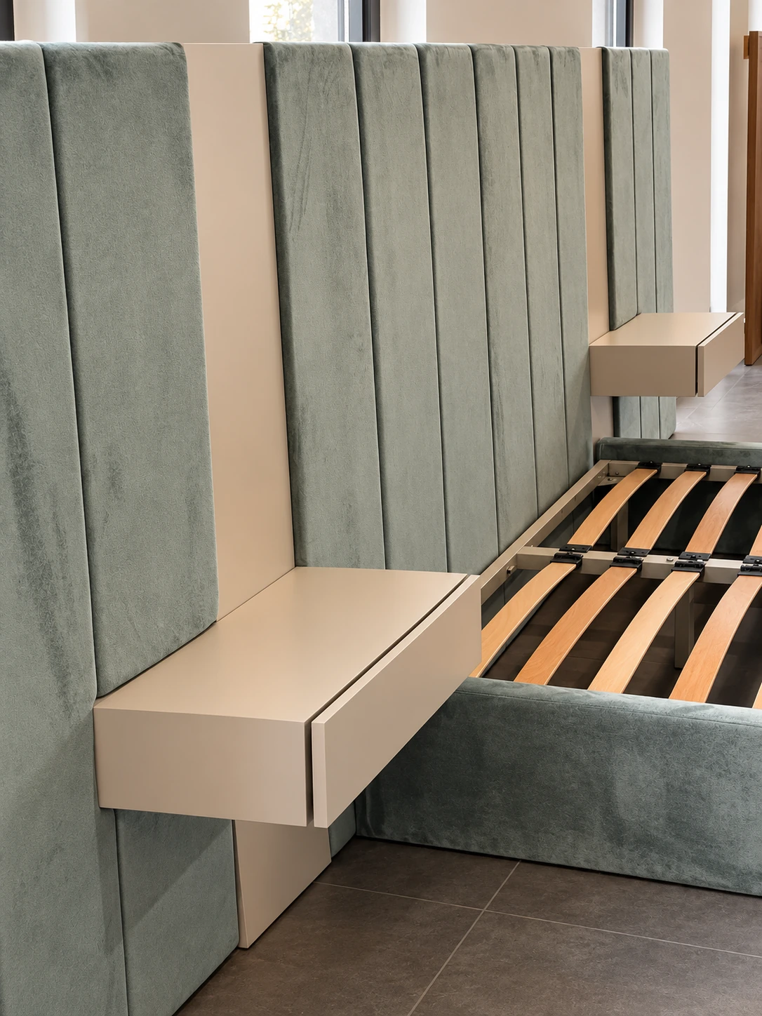 Bed and bedside joinery installation · Retouched project image
