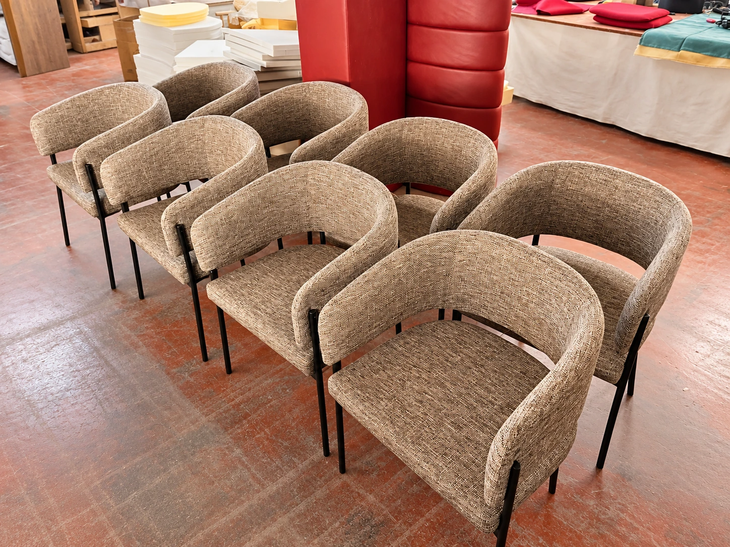 Upholstered seating in production · Retouched project image