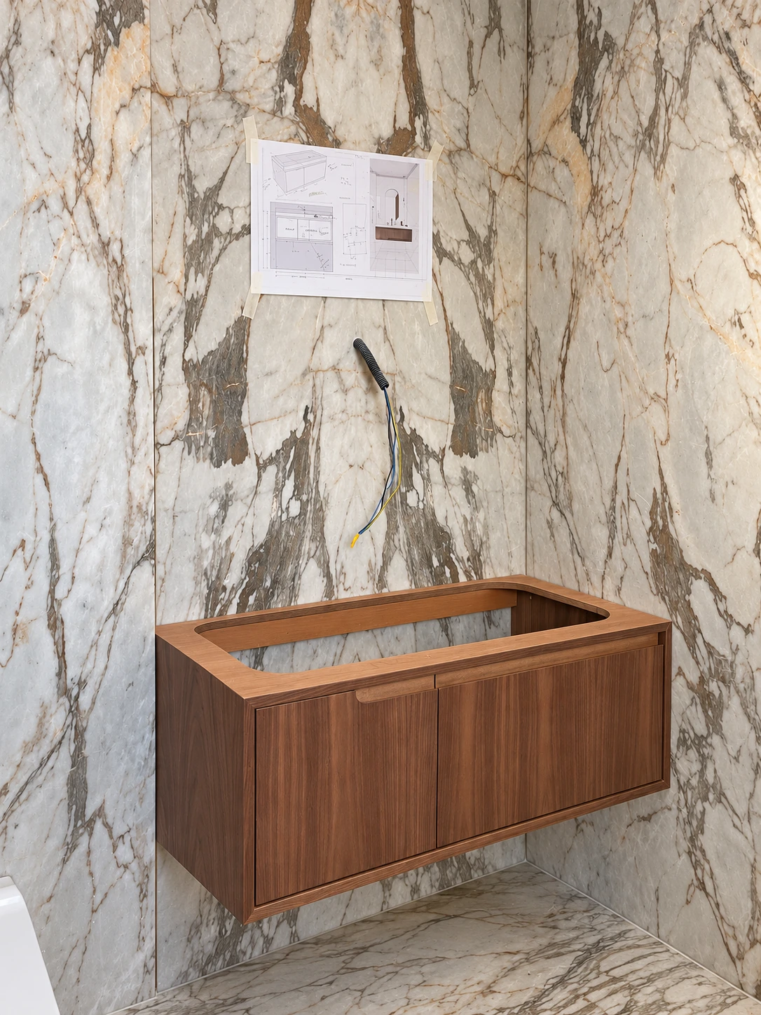 Timber vanity cabinet installation · Retouched project image