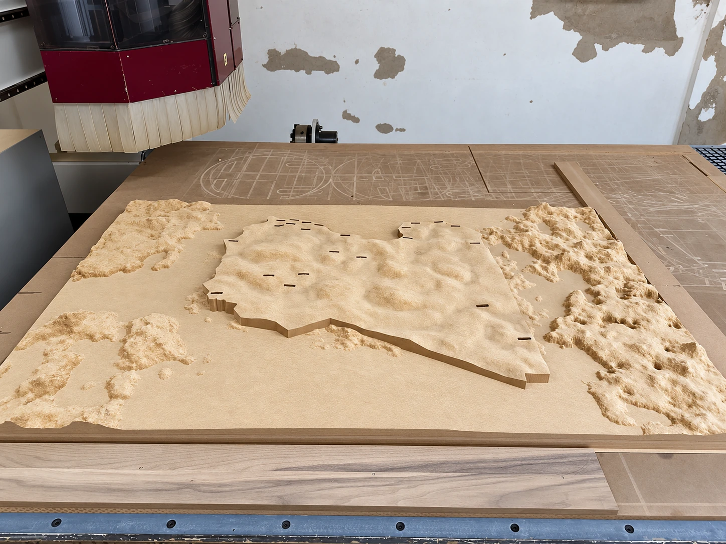 Carved panel in the workshop · Retouched project image
