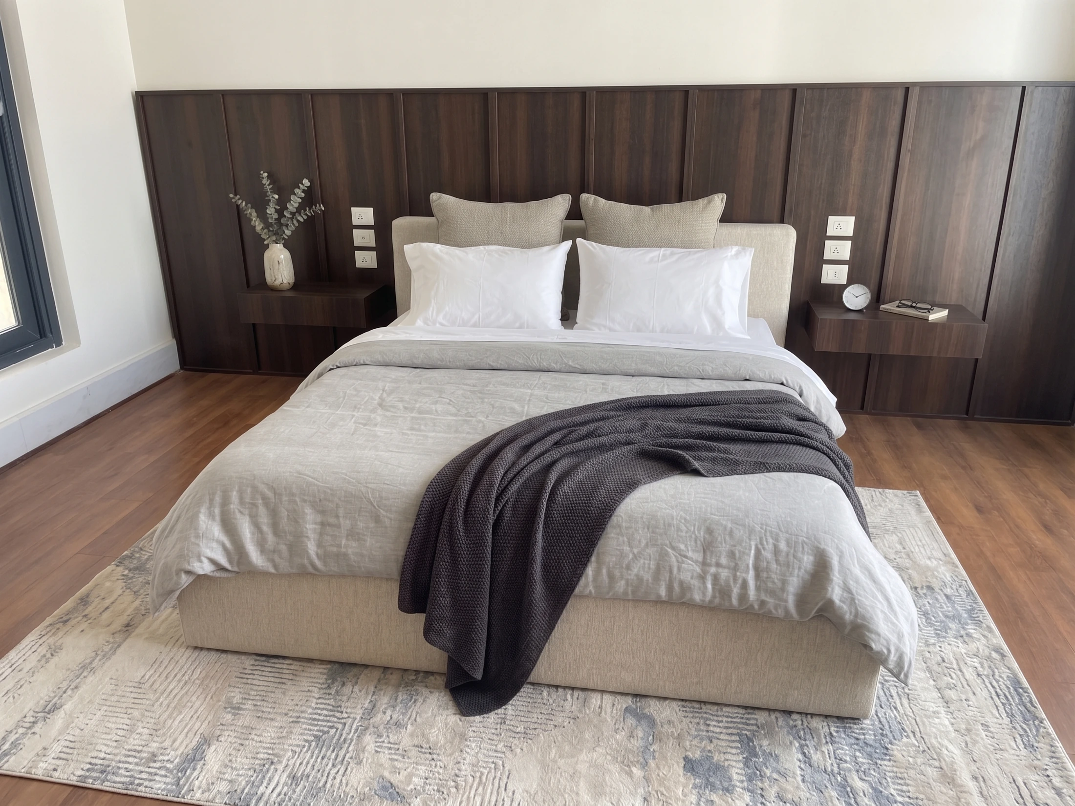 Dark timber bedroom · Edited archive image