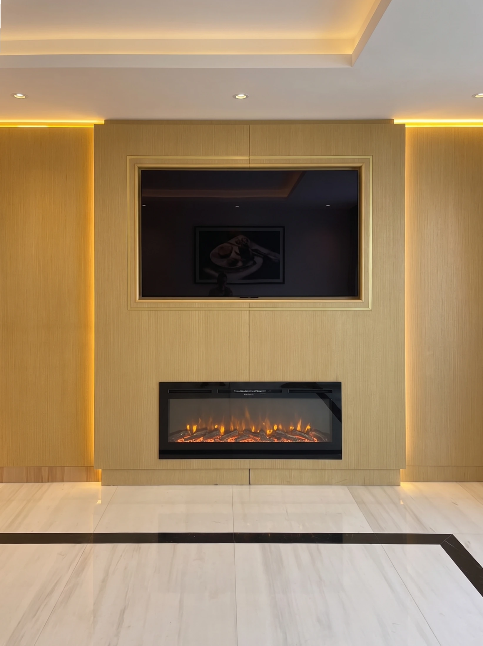 Custom wall panelling around fireplace · Edited archive image