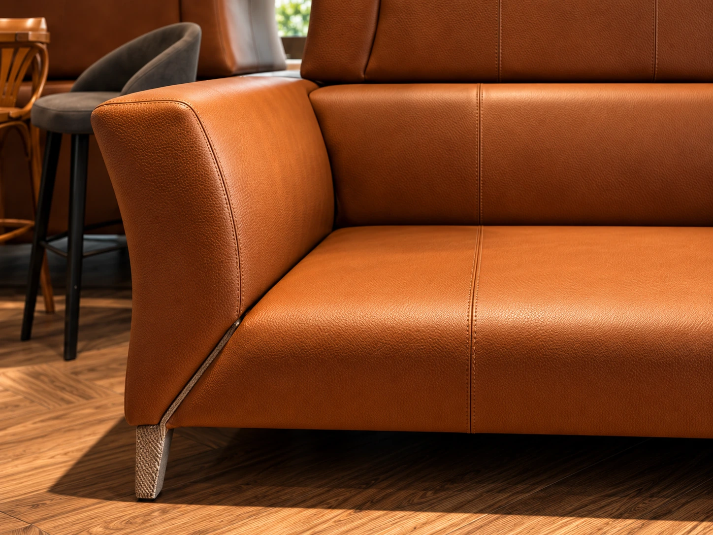 Leather seam and sofa arm · AI-assisted detail study from project imagery