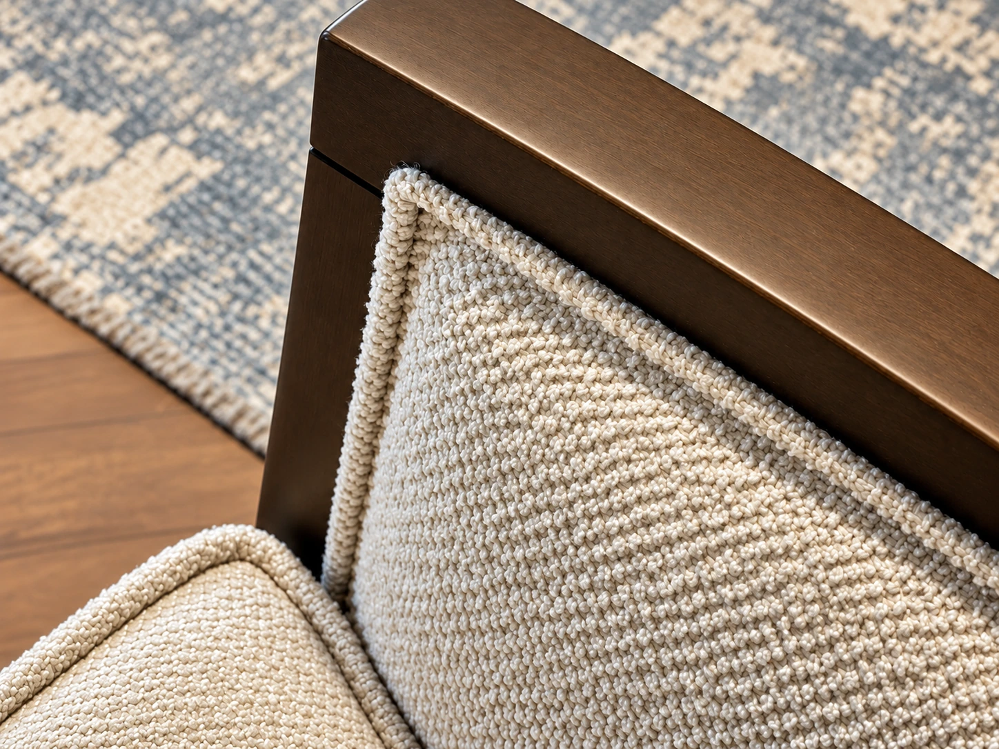 Chair-back textile and timber frame · AI-assisted detail study from project imagery