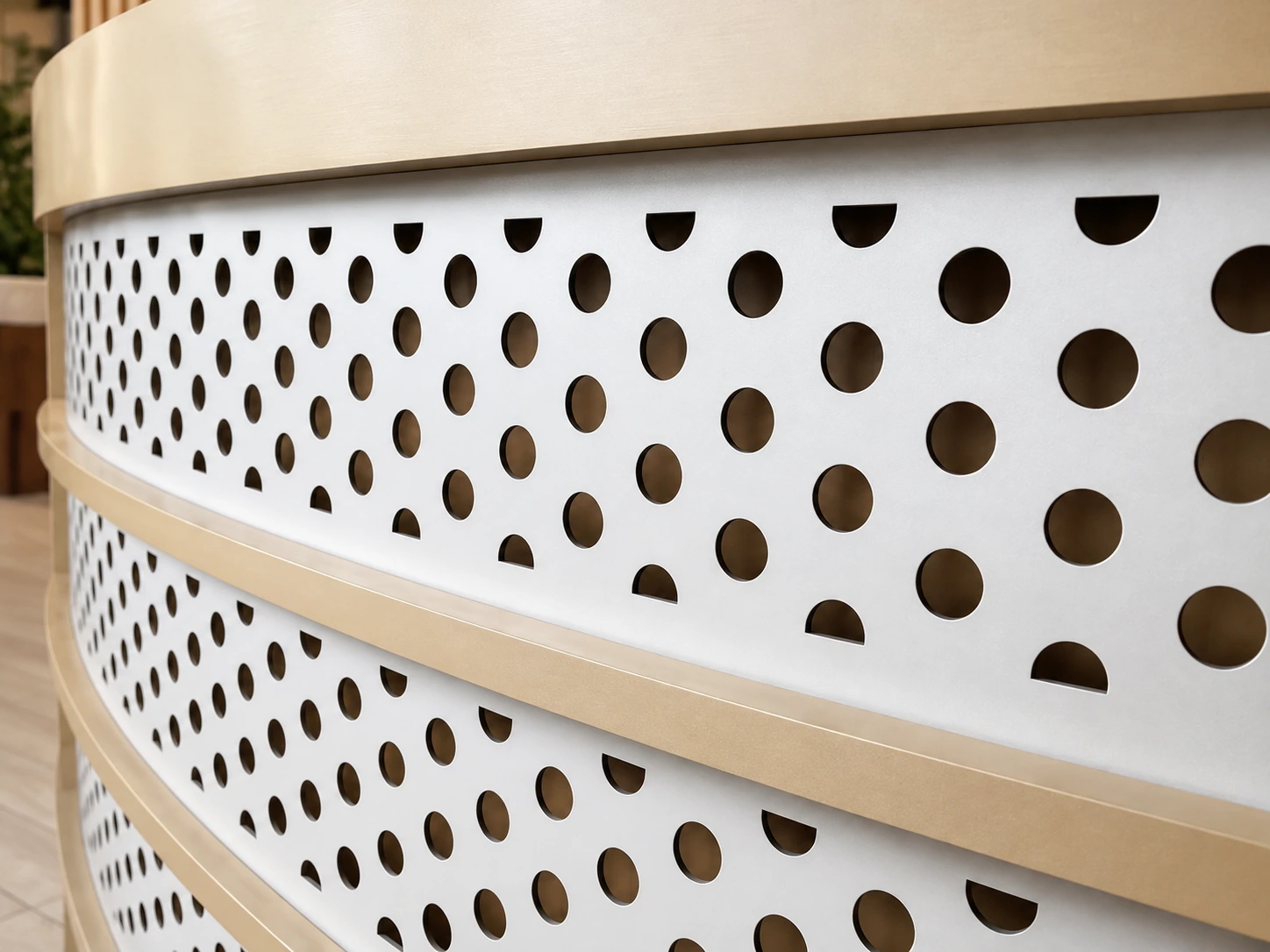 Perforated counter and curved edge · AI-assisted detail study from project imagery