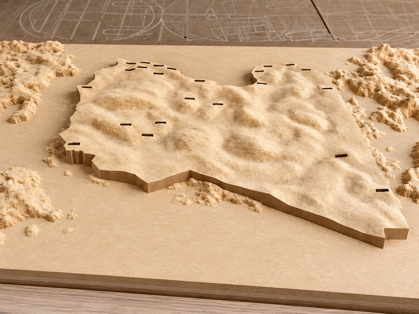 Carved timber relief · AI-assisted detail study from project imagery
